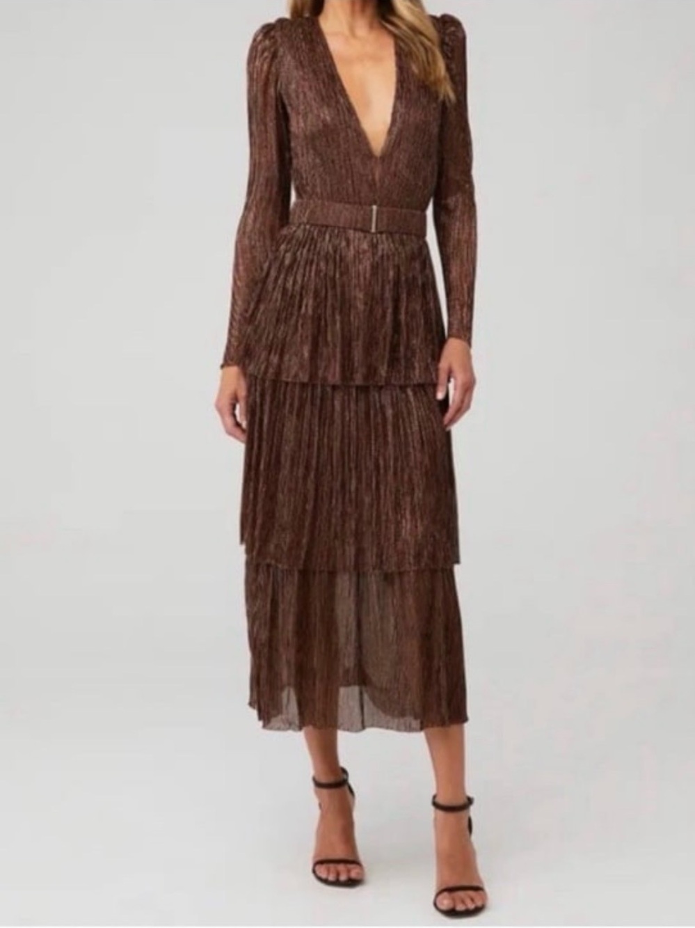 Sabina Musayev Carry Tiered Metallic Midi Dress Bronze Shimmer Pleated Size XS